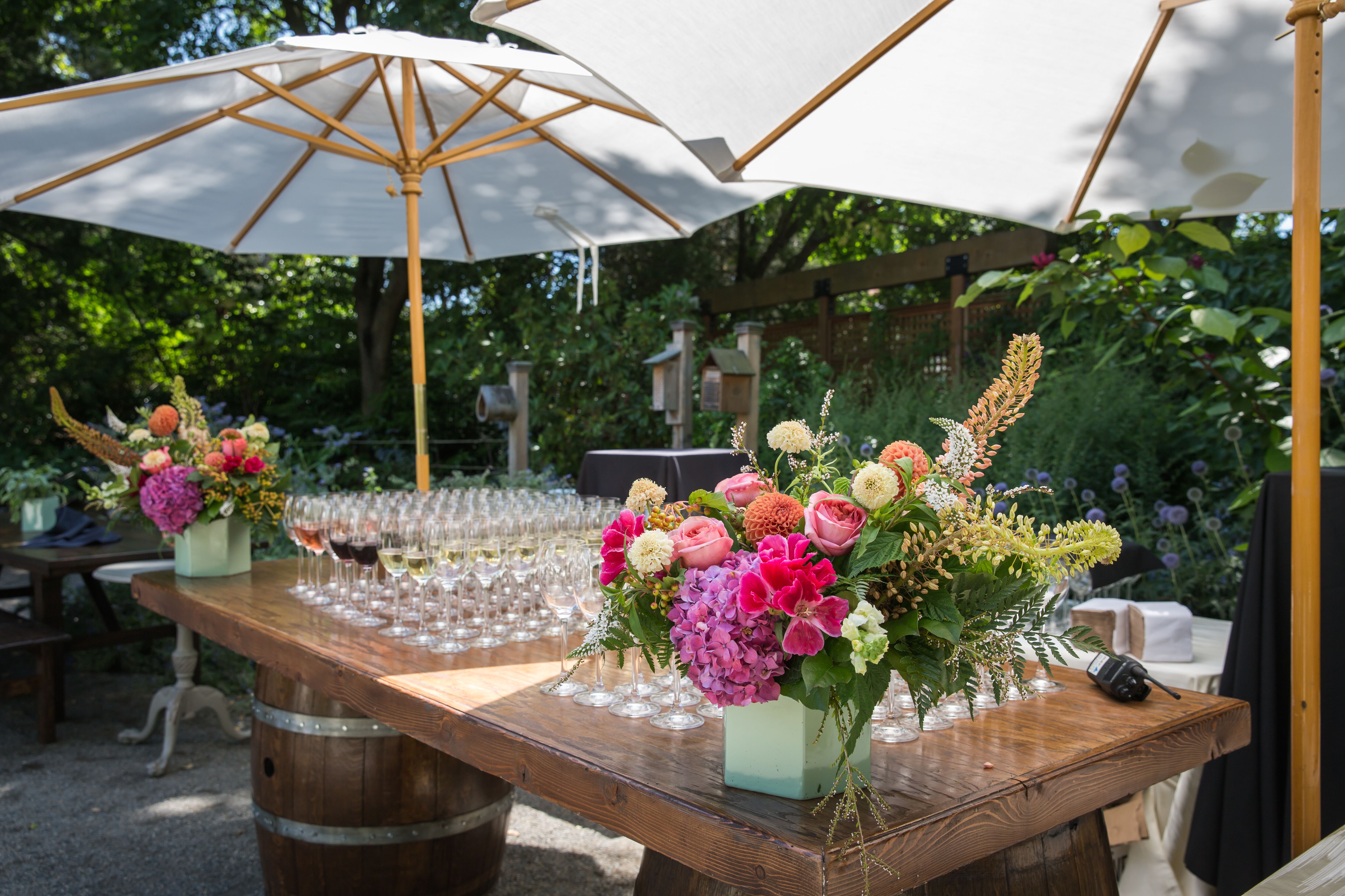 Patio set up with tables and umbrellas