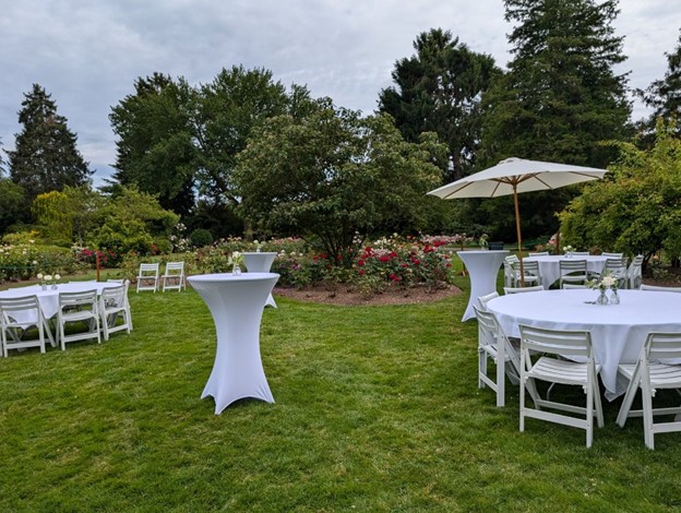 Cocktail hour setup at Rose Garden terrace